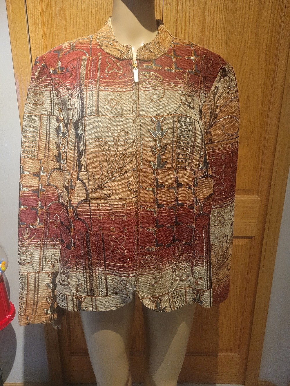 dressbarn Printed Button-Front Jacket in Rust and Tan